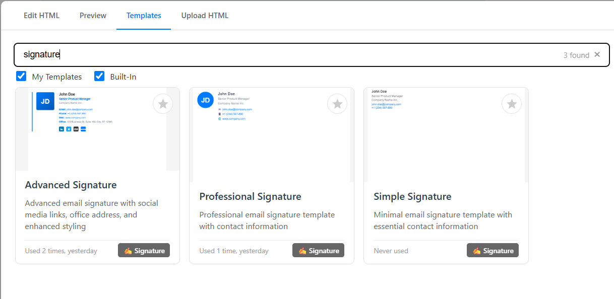html2email extension template picker dialog in Gmail compose