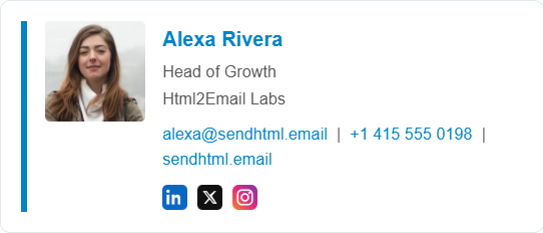 Accent bar HTML email signature with a vertical brand stripe beside the photo