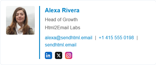 Classic HTML email signature: photo beside name, title, and contact links