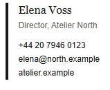 HTML email signature with name, role, phone, and mailto links