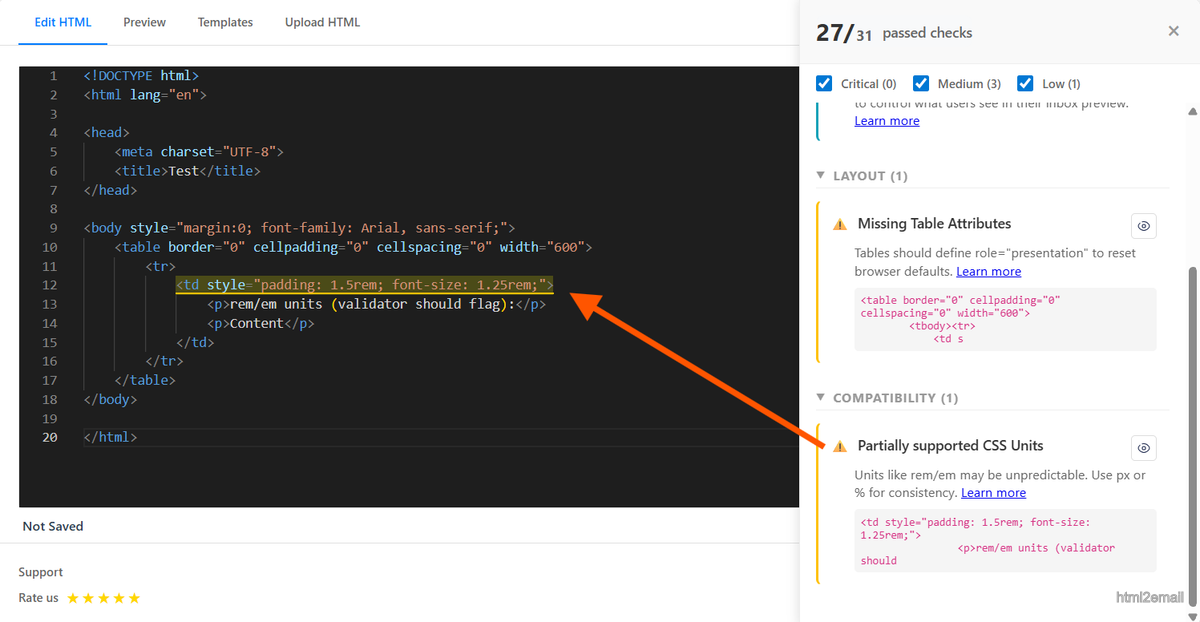 Validator showing warning for rem/em units in email