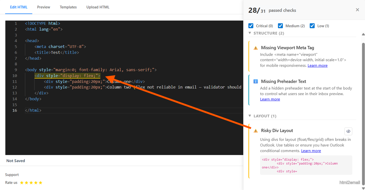 Validator screenshot highlighting flex usage in email