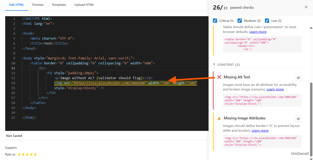 Validator highlighting missing ALT text