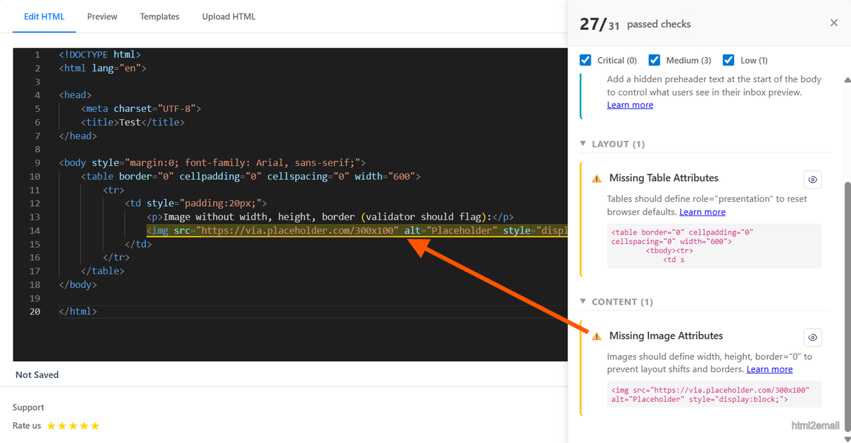 Validator highlighting missing image dimension attributes