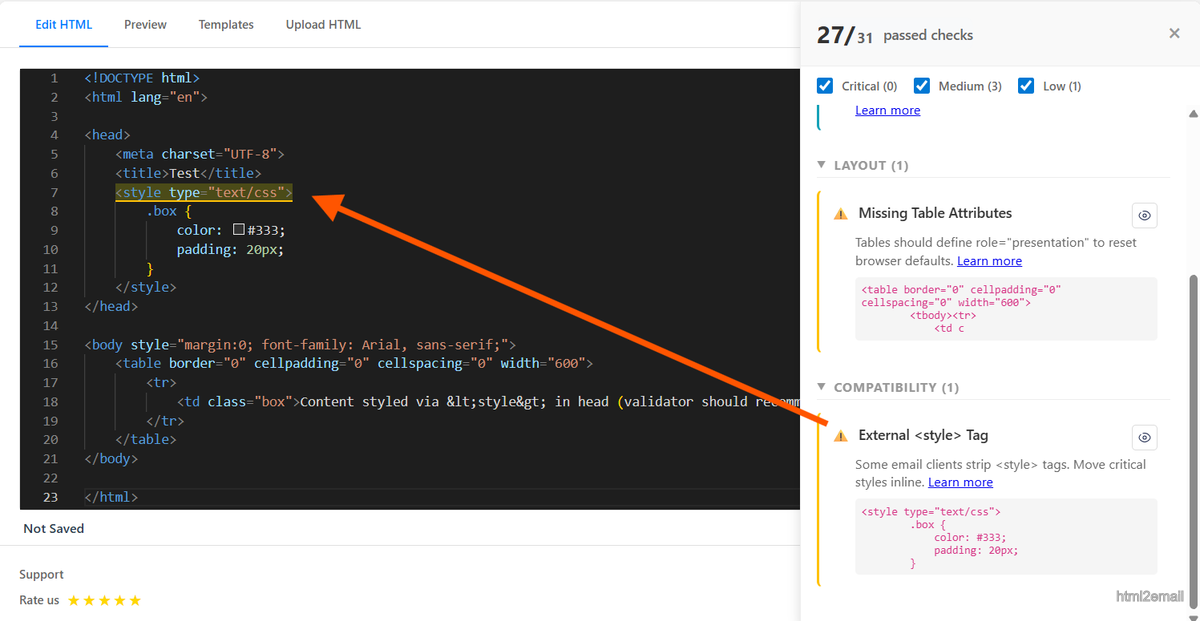 Validator highlighting use of style tags instead of inline styles