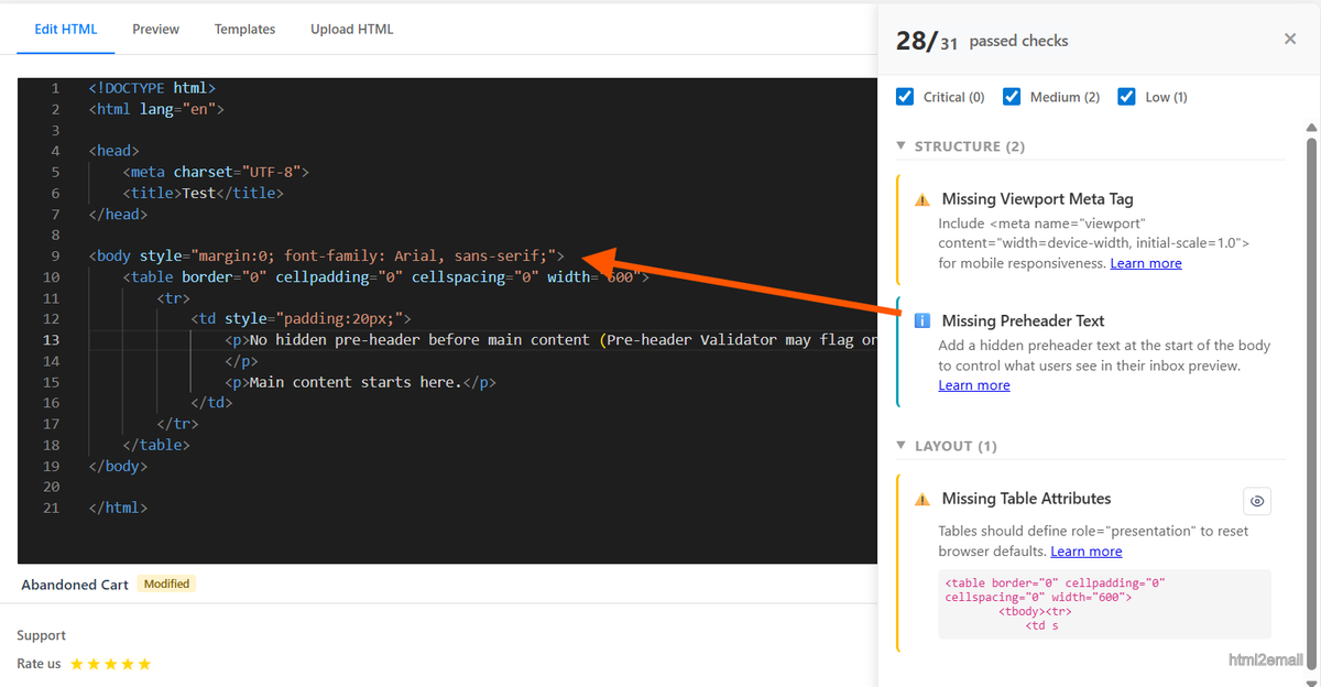 html2email extension Preheader Validator checking email for preheader