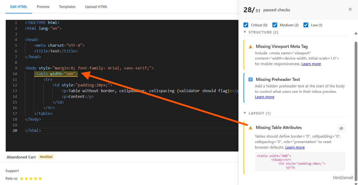 Validator screenshot highlighting missing table attributes