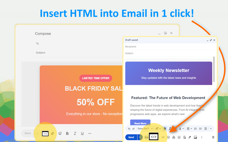 Интерфейс расширения html2email для создания HTML-писем в Gmail, Yahoo, Яндекс.Почте и Mail.ru
