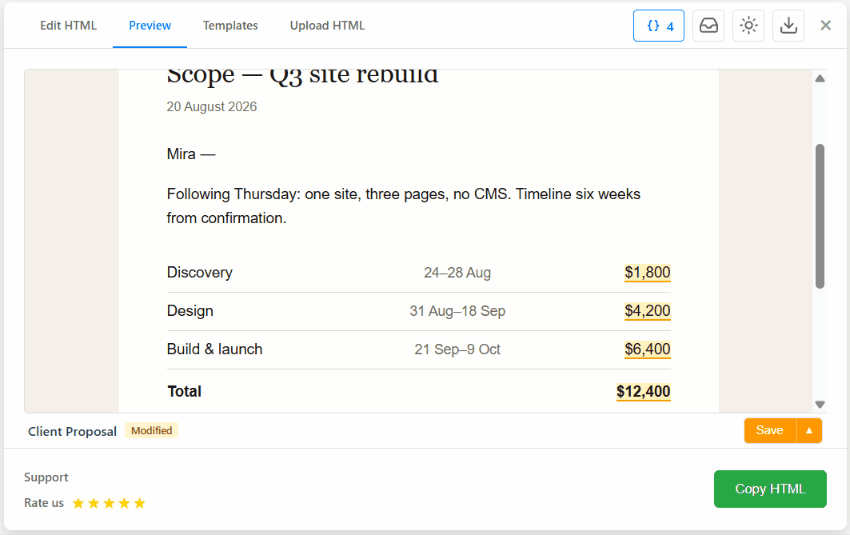 html2email Preview of the Client Proposal template: fill Discovery, Design, Build, and Total price fields so the fee table updates in the letter