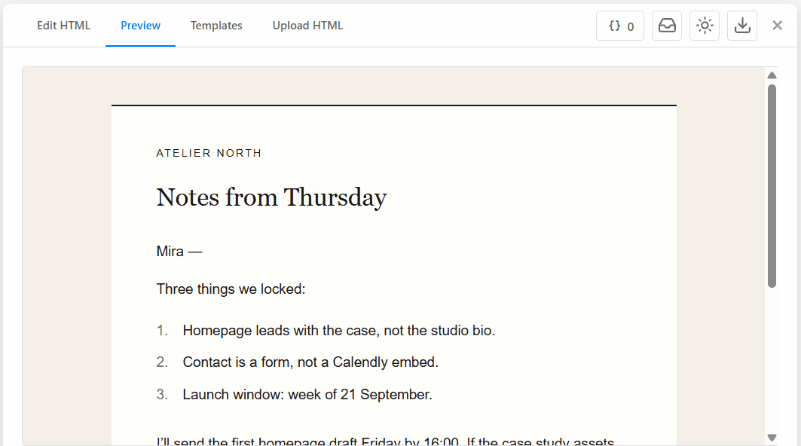 html2email Preview: open Variables, click Pick, select the heading Notes from Thursday, Create & Assign a new variable named title, badge goes from 0 to 1